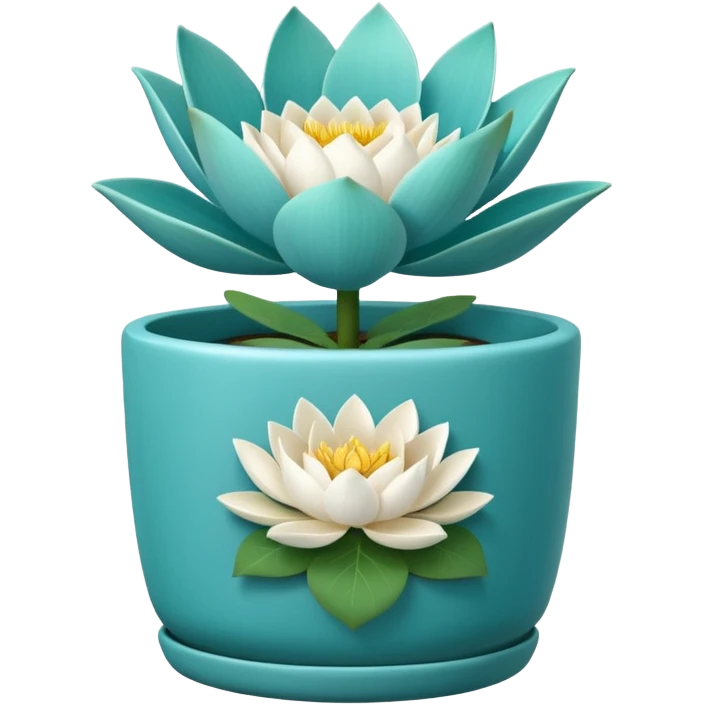 Decorative turquoise planter with a shallow, cylindrical shape and a white lotus flower plant emoji