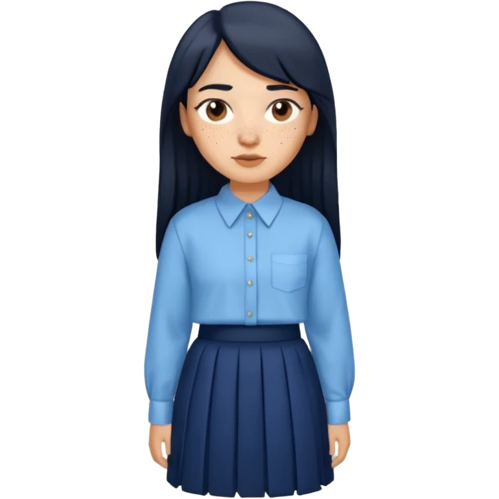 hair : black long hair with fringe 
skin : light with freckle
cloth : oversize light blue shirt + navy long long skirt 
 emoji