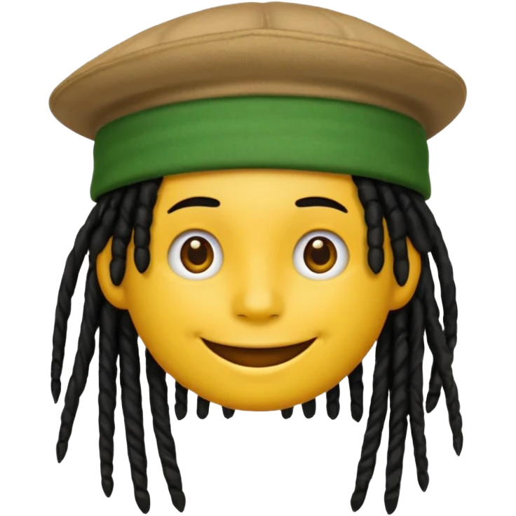 Yellow smile emoji with black dreads and a hat with yellow at the top red in the middle and green at the bottom emoji