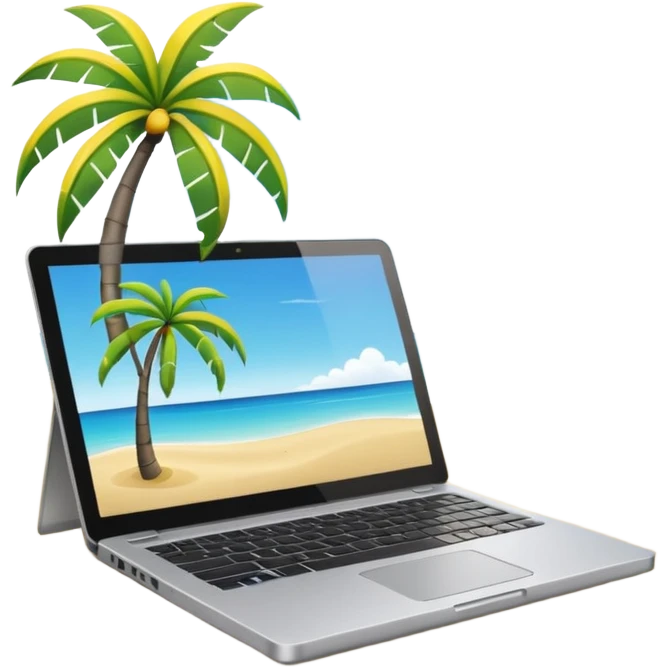 A minimalist emoji-style icon representing workation: An open laptop in the foreground on the beach. Background shows sea, sun, and a palm tree. No people, no text, clean and simple design like an emoji. emoji