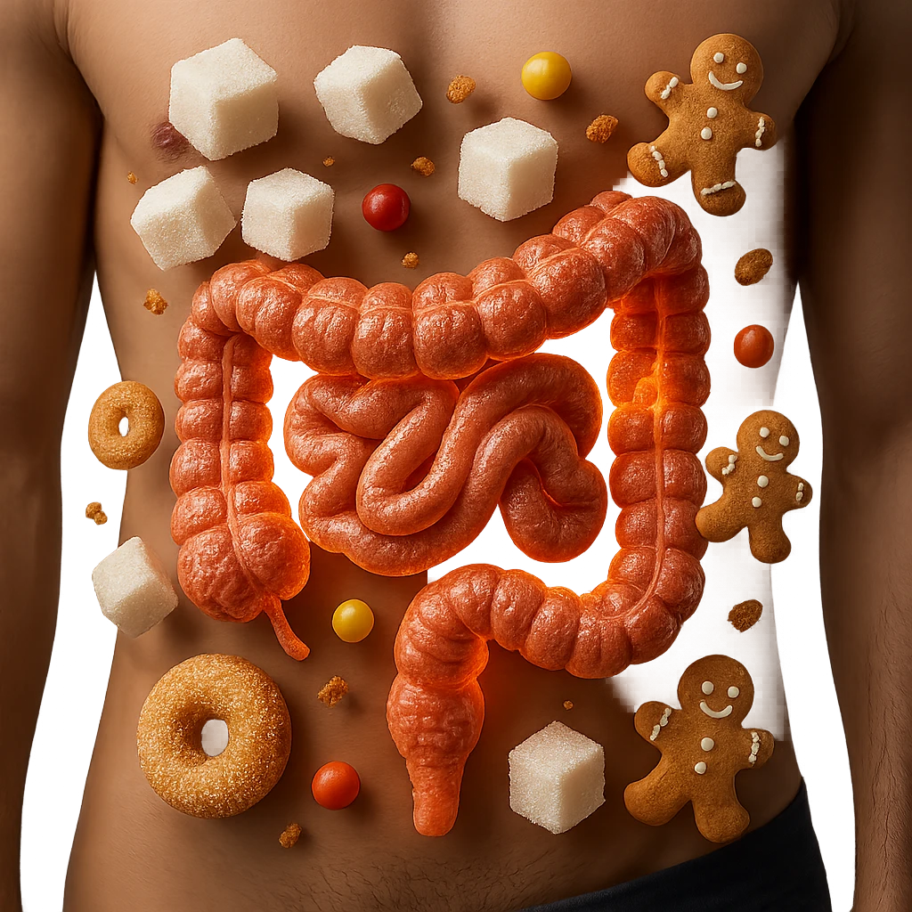 Make the sugars much more evident and recognizable in hyperrealism style, keep the inflamed intestinal microbiota, 4K resolution, transparent background. emoji