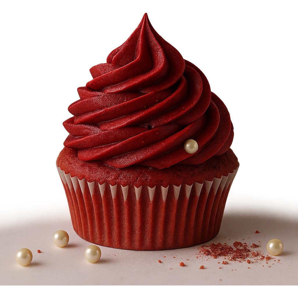 Change the icing to red velvet with a deep red, creamy texture, keep the realistic cupcake and accessories, photorealistic style, transparent background. emoji