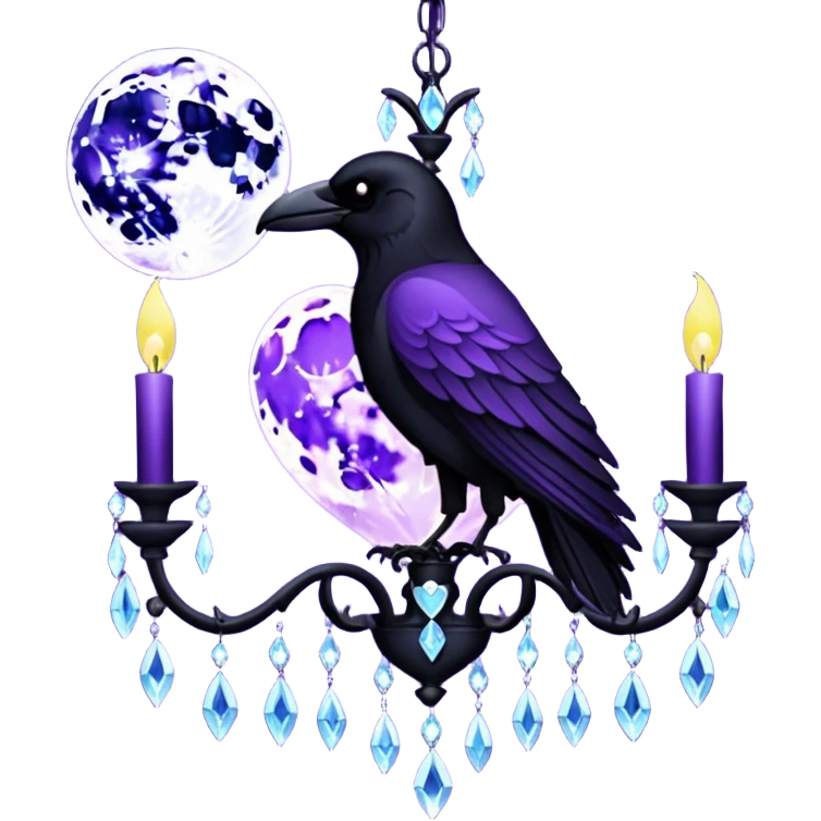 purple heart with a black raven, moon, and chandelier, dark romance emoji