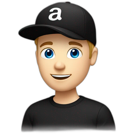 a blue-eyed white guy in a black cap backwards and in black t-shirt, vlogger emoji