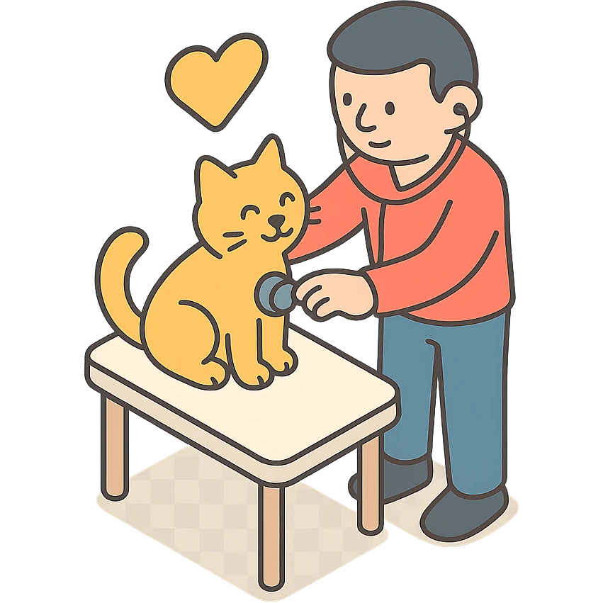 мужчина проверяет кошку, чтобы она была здорова и счастлива emoji