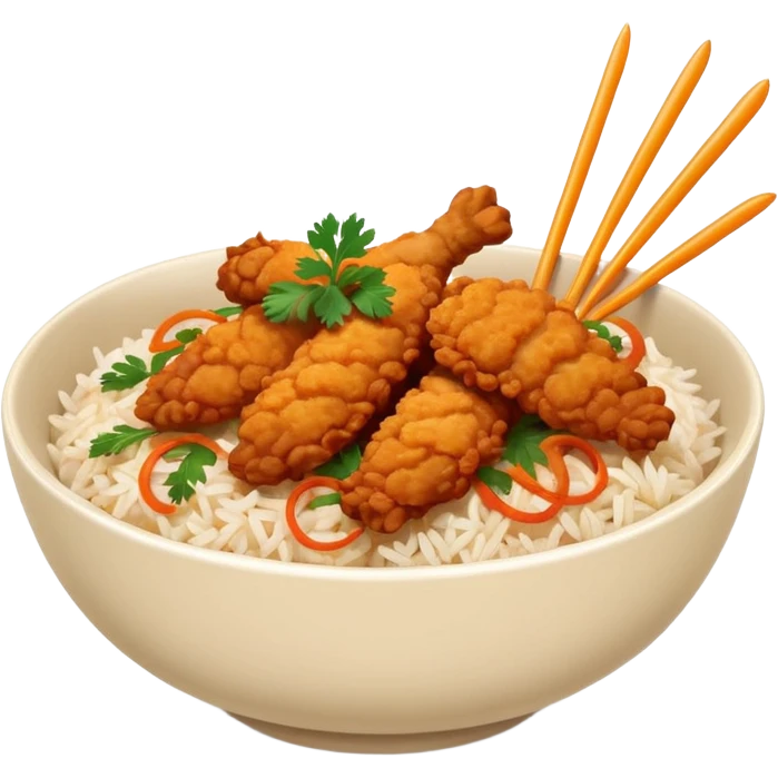 iOS-style minimal food emoji of a rice bowl with crispy fried chicken tenders, fried onions, sweet-and-sour sauce, and parsley garnish, smooth shapes, vibrant natural colors, clean vector-like rendering, transparent background. emoji