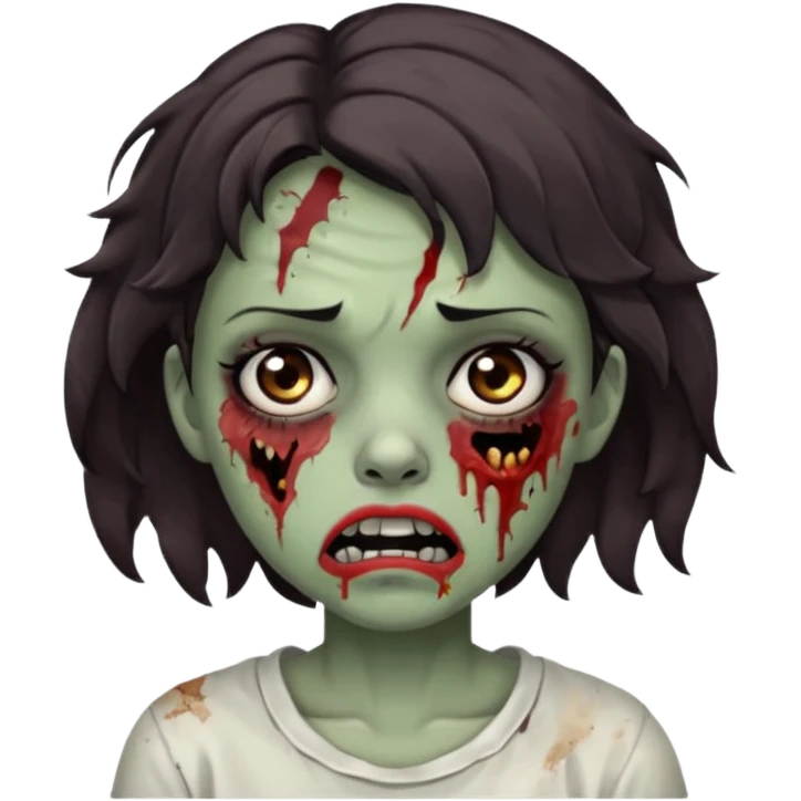 Zombie girl with bruises, she has a dark brown  short wavy hair, she has a tired expression and BLACK eyes, she has dark circles too, her mouth is ripped emoji