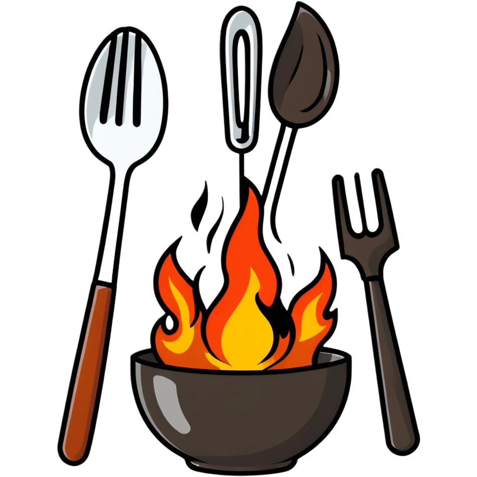 burning spoon fork and knife crossed together, kitchen utensils on fire with flames emoji
