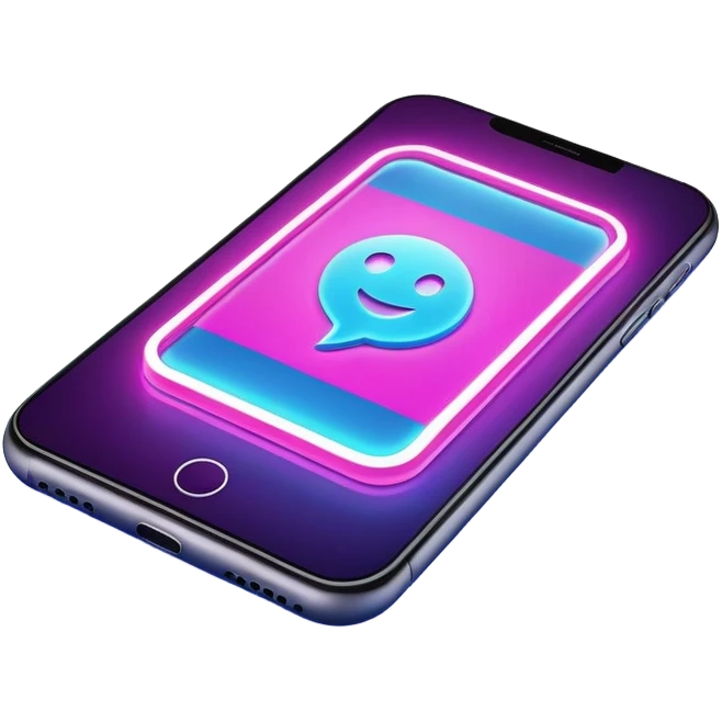 smartphone screen displaying video tutorial, pink and light blue colors, with neon glow lines, blue neon light on top left, purple neon light on bottom right emoji