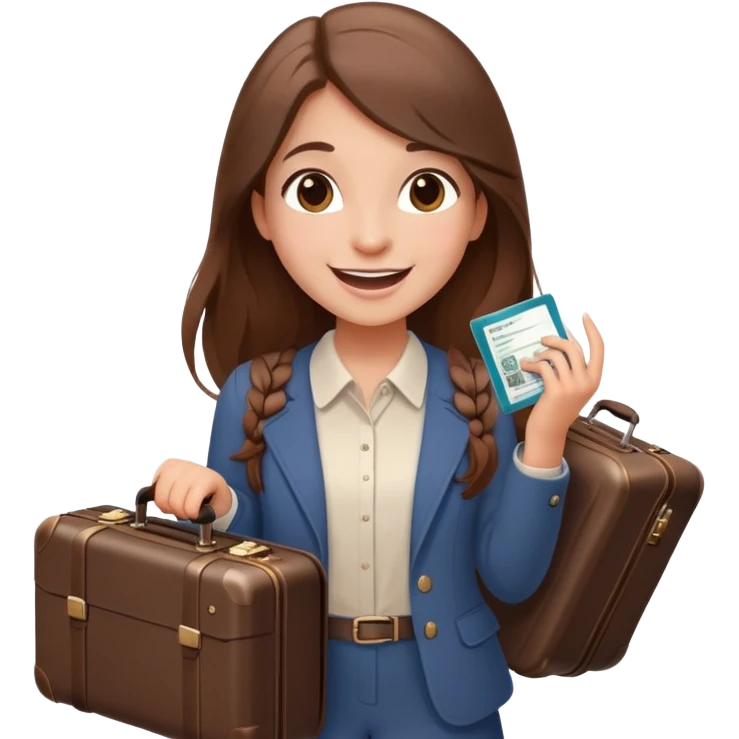 Excited smiling sweetly 🥹🥰🦋 Girl with long brown hair with a suitcase, ready for travel, passport in hand and butterflies around her elegant emoji