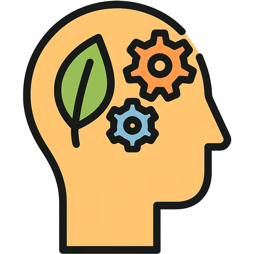 minimalist style, icon of head with gears and leaf, feeling of calm, mental health emoji