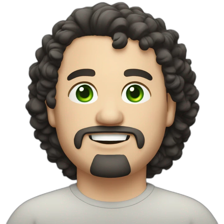 chubby caucasian man, looking 42 years old, black curly hair, green eyes, black goatee around the mouth, medium lips, smiling. emoji
