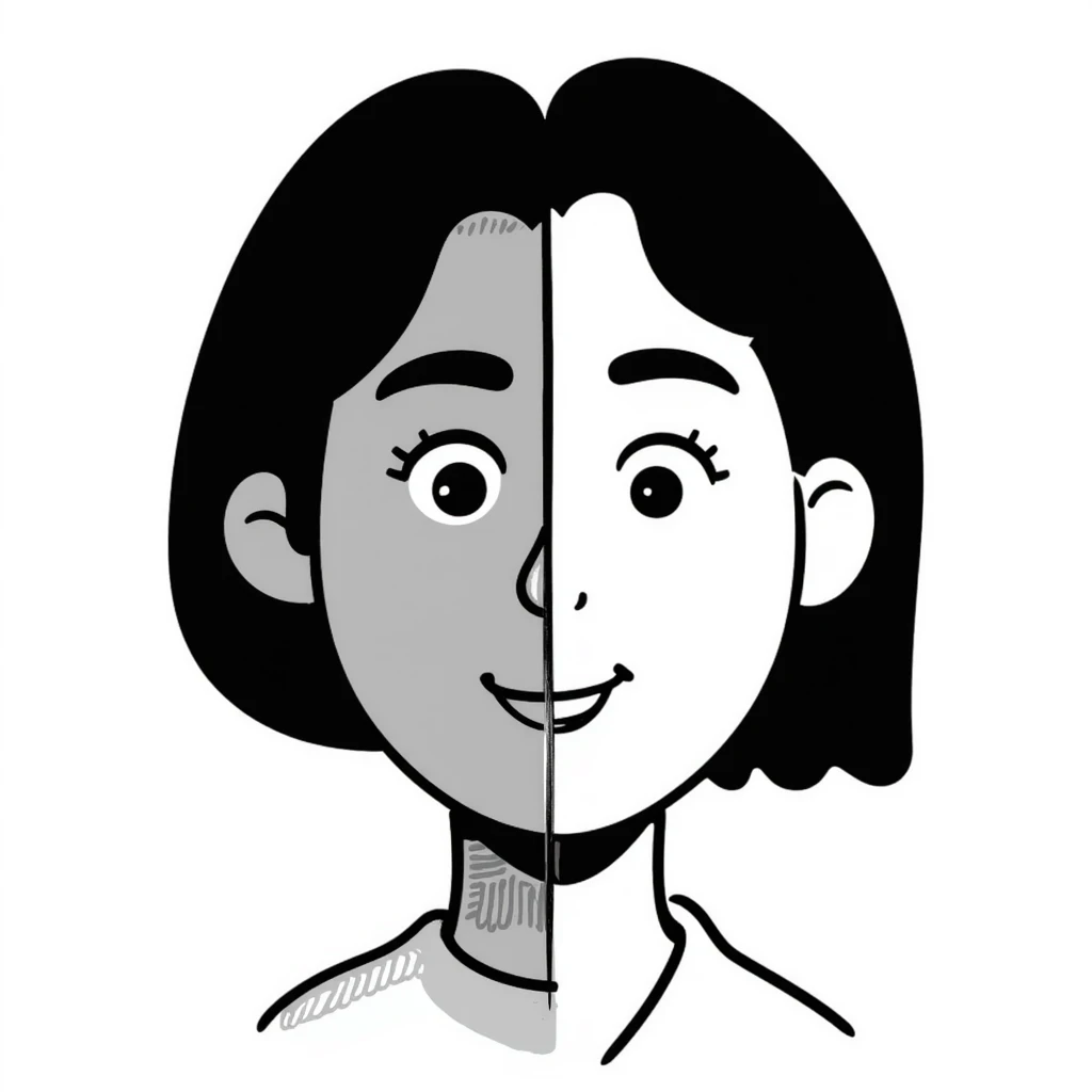 face split into two halves, one half realistic, other half art style emoji
