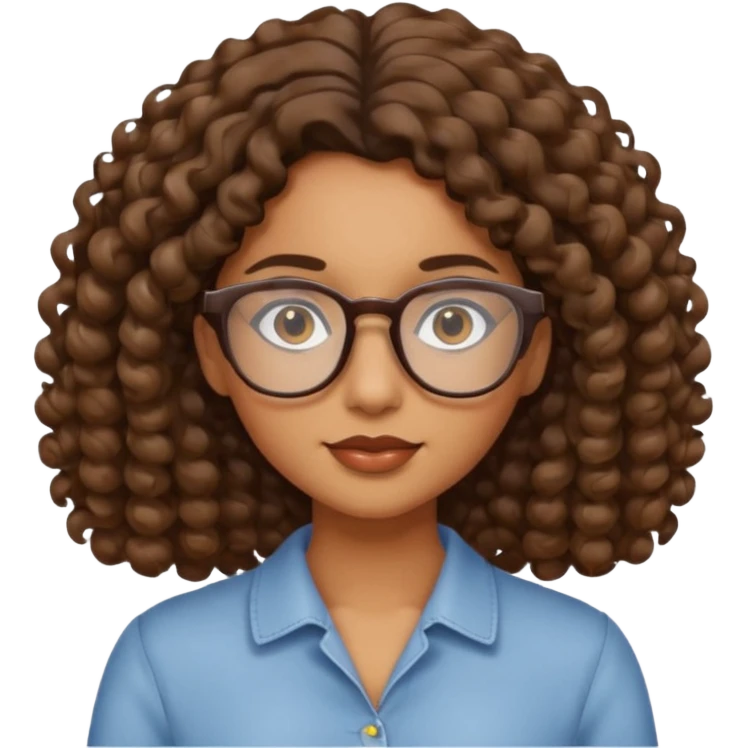 brown girl with wavy curly shoulder length hair. glasses, emoji