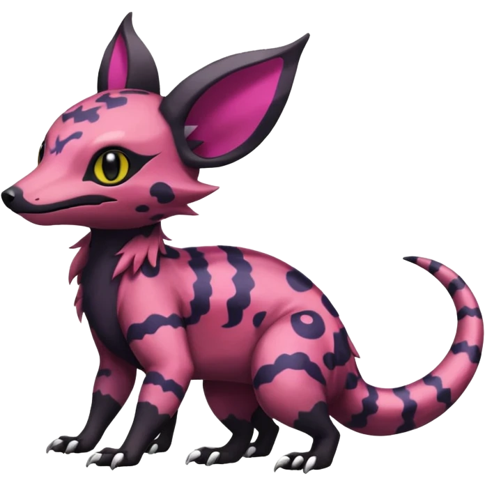 Rare epic aesthetic colorful Salandit-Noibat-Eevee-Civet-species-Fakemon-hybrid-creature, with markings, full body emoji