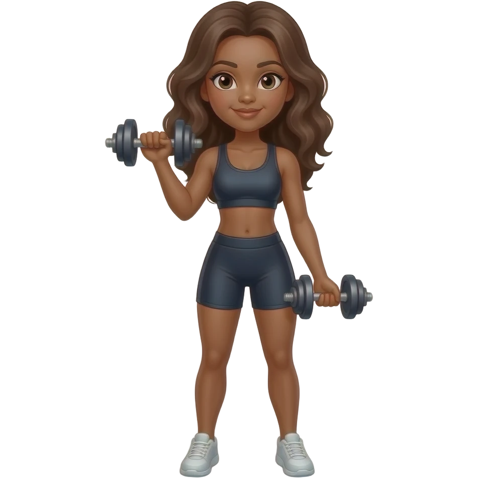 Garota de academia levantando pesos, cabelo castanho, ondulado. Pele negra média. emoji