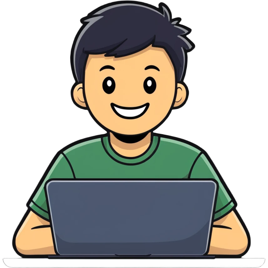 college student smiling in front of his laptop emoji