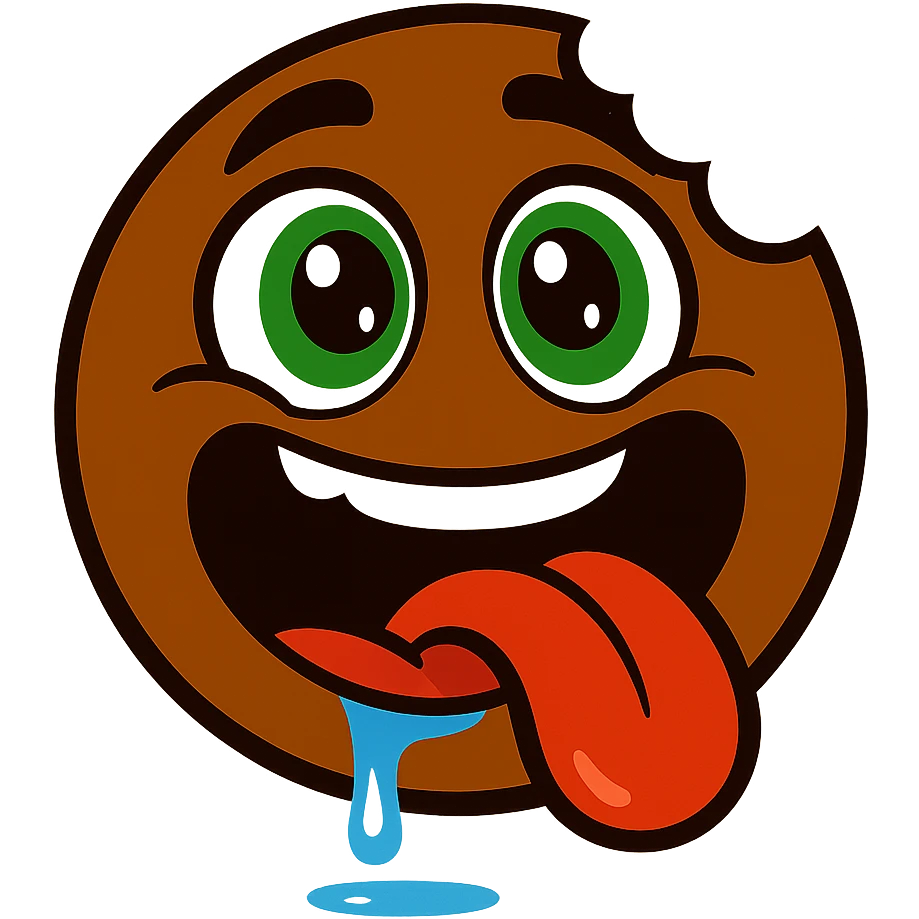 cartoon-style round emoji face in rich chocolate brown, big expressive green eyes looking upward with sparkles for excitement and hunger, mouth open wide in a goofy hungry smile, large bite taken out of the side, long bright red tongue hanging out, shiny blue drool dripping and pooling below, intense food craving expression, glossy, fun, exaggerated, bold and eye-catching, clean white background, suitable as a food brand mascot or emoji emoji