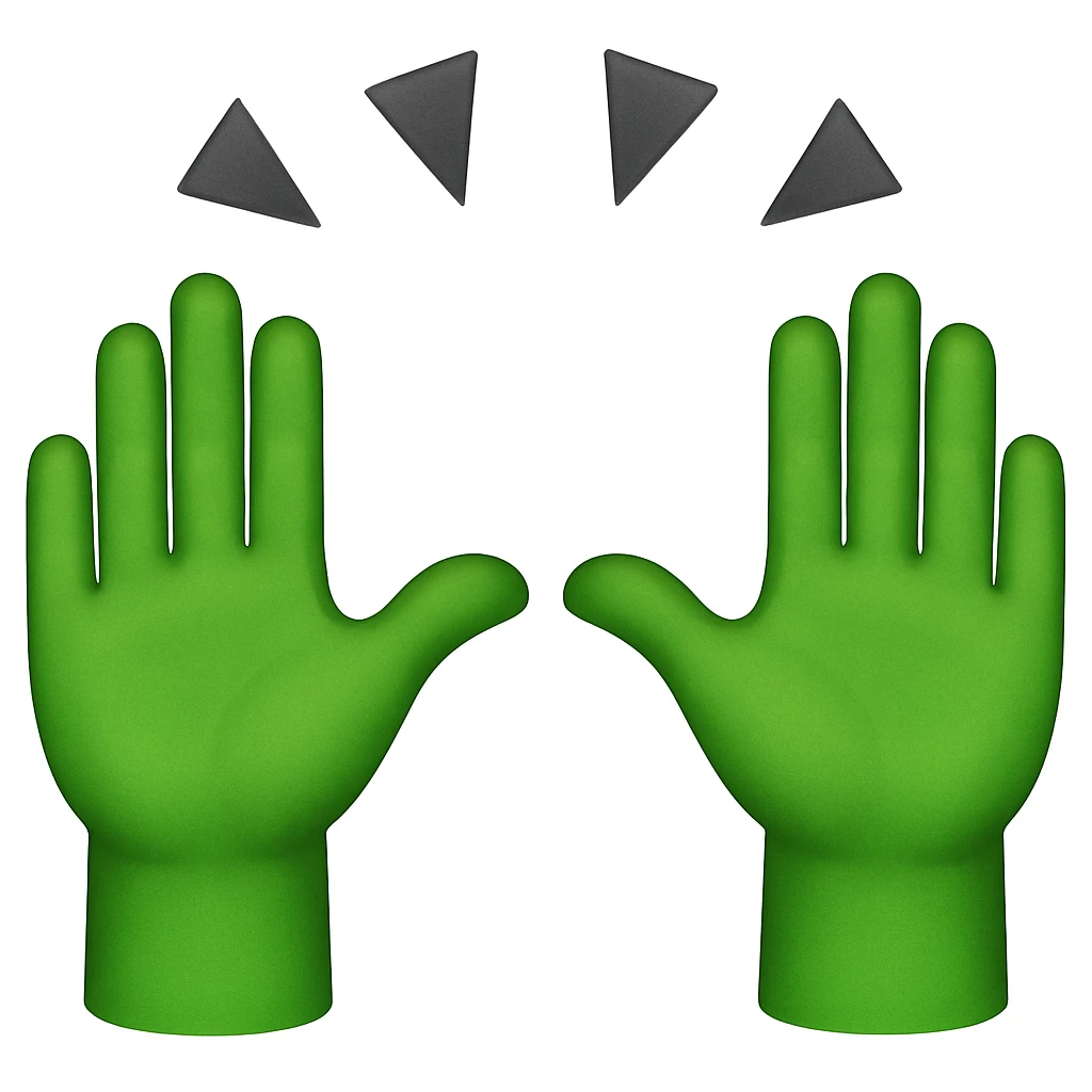 Replicate the image but change the skin color of the hands to green. Keep the style and rays above the hands unchanged. The original style is a colorful illustration with rays above the hands, please maintain that style. emoji