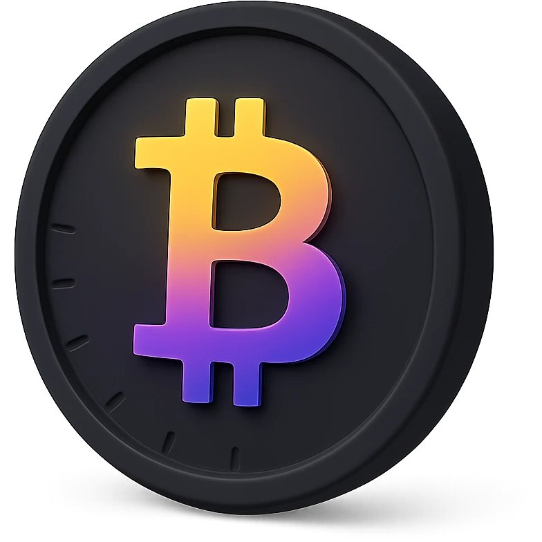 3D black style Bitcoin coin with a yellow, orange, purple, and violet gradient emoji