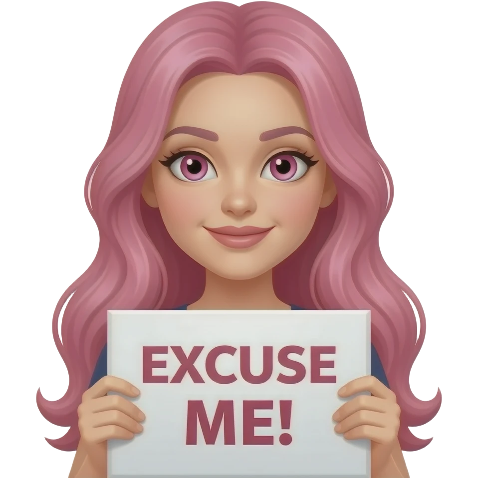 sexy girl with long pink hair and pink eyes wearing a holding a EXCUSE ME! sign emoji