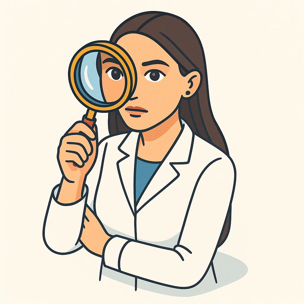 Front view of a female doctor with dark long straight hair and detailed brown eyes (not just dots), wearing a white coat, in 2D isometric style with a minimalist background. She is looking straight into the camera through a magnifying glass with a thoughtful facial expression. Appearance matches the reference. emoji