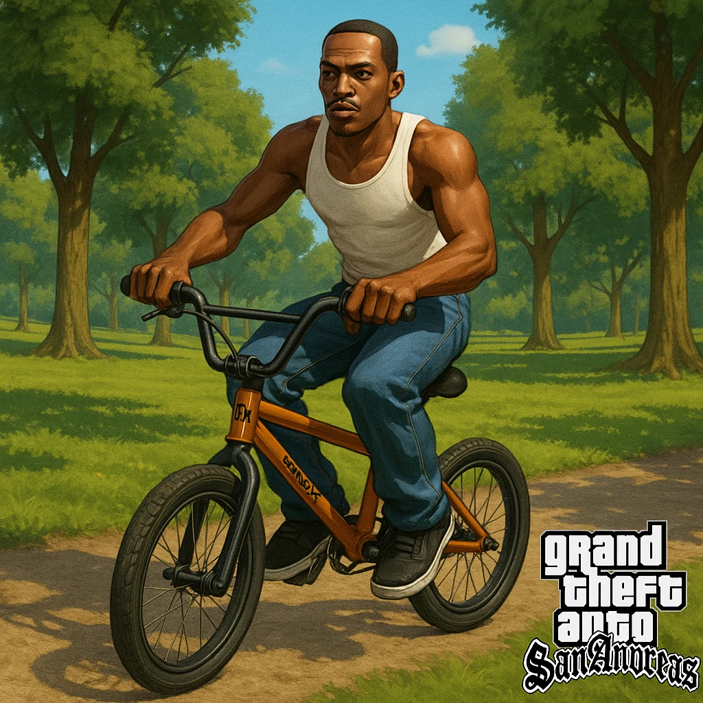 CJ from GTA San Andreas riding a BMX in a park background emoji