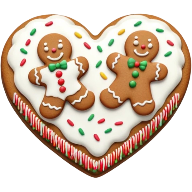 two gingerbread heart cookies with white holiday icing emoji