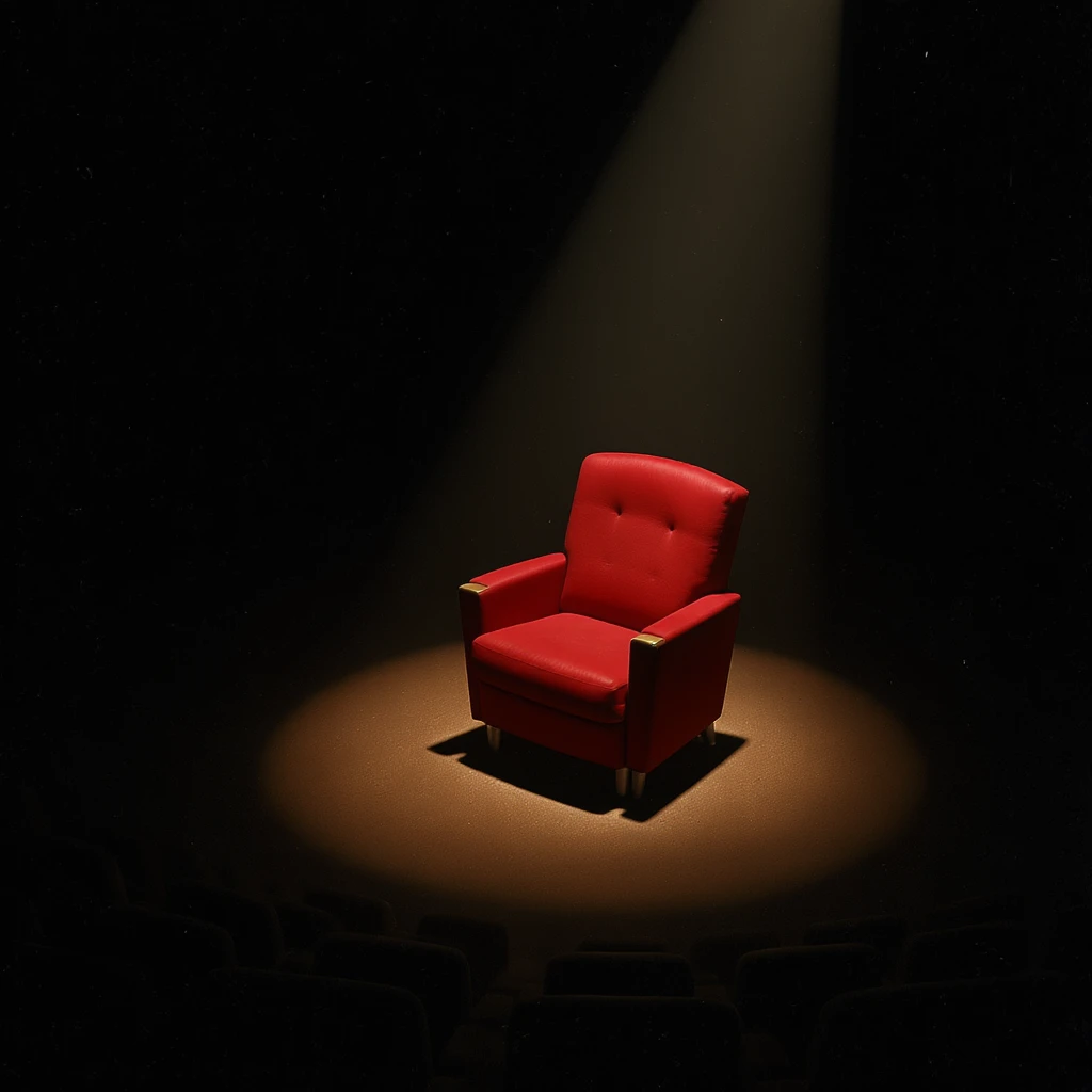 vintage movie theater with beige armchairs and just one red one, in the spotlight. A light focuses on this red armchair, making the entire area around it a little darker. The angle is isometric. Wes Anderson Style. emoji