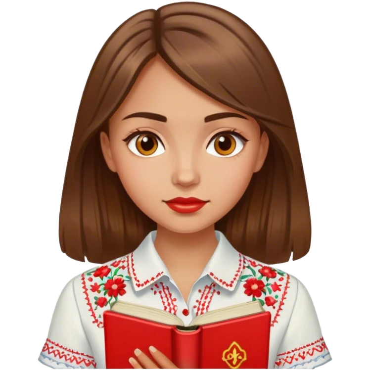 A Ukrainian girl with brown hair in an embroidered shirt reads a red book emoji