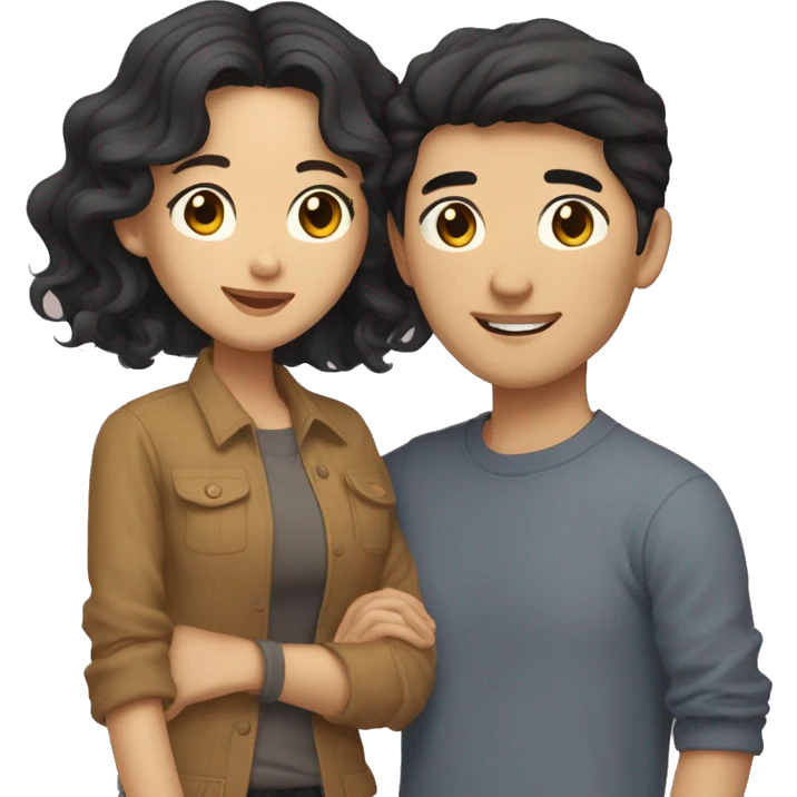A half pale Asian man with short dark hair and amber eyes embracing and loving a half Asian woman with long wavy dark hair and dark hazel eyes. They love each other a lot And have good fashion taste. And are having a lot of fun emoji