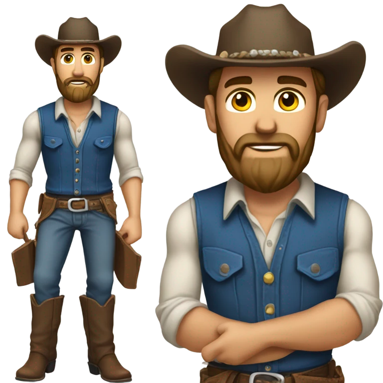 a rugged cowboy with a thick beard, wearing a blue vest over a classic western shirt. He should have a confident stance, showing full torso emoji