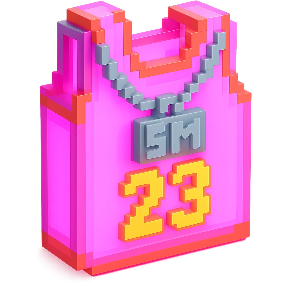 светящейся розовая баскетбольная майка с надписью "23" и серебряная цепь с надписью "SM", no background emoji