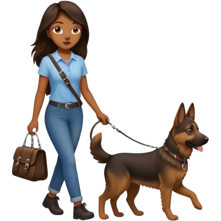 a girl with a brown dark long long hair, she's walking her dog is a german shepard emoji