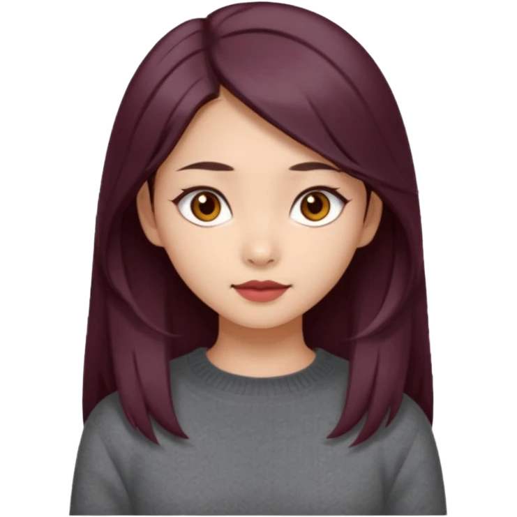 asian girl, long dark burgundy brown hair, hazel brown eyes, half lidded eyes, wolfcut hairstyle emoji