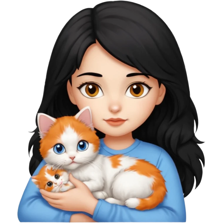 A girl black hair and brown eyes with A 2-month-old Persian-Angora mix kitten with blue eyes and mostly ORANGE fur with white patches emoji