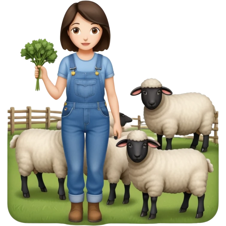 brunette woman wearing overalls, and farming sheep emoji