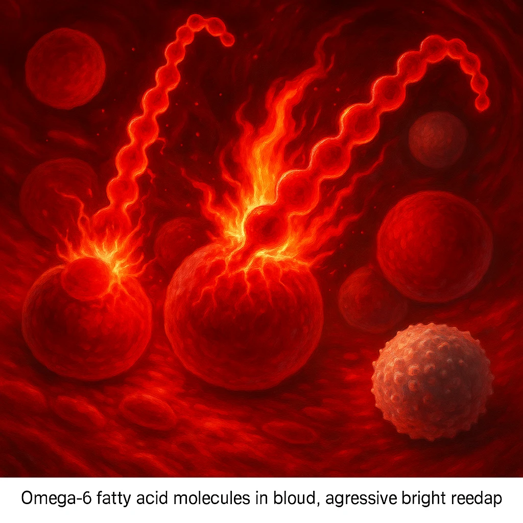artistic rendering of omega-6 fatty acid molecules in blood, aggressive and bright red appearance, interacting with healthy cells causing inflammation with flames or red glows, white blood cells reacting, surreal medical semi-realistic style with bright inflammation effects emoji