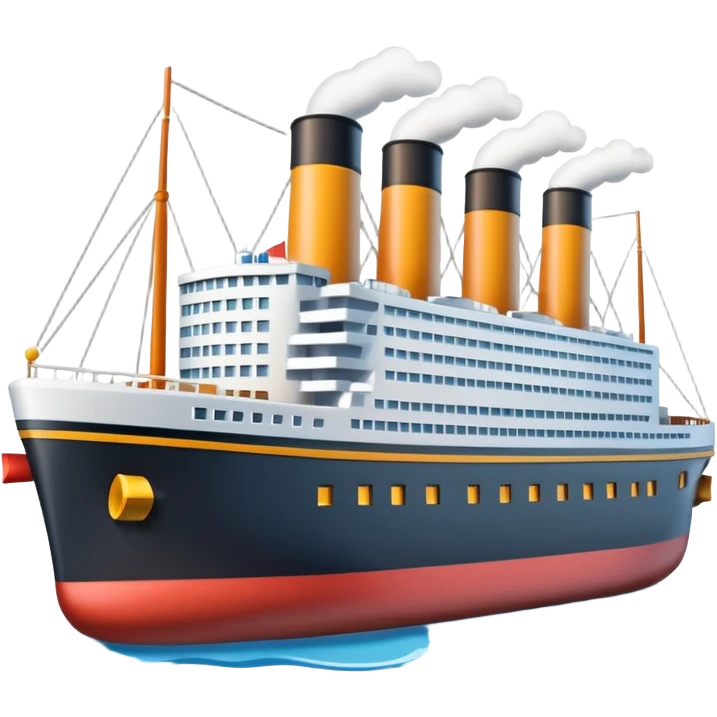 A miniature 3D Titanic ship emoji in Apple style, small and compact with smooth glossy surface, bright clean colors, simplified but recognizable details like smokestacks and windows, no facial features, floating on calm ocean, soft shadows, high-quality render, isolated on white background.



 emoji