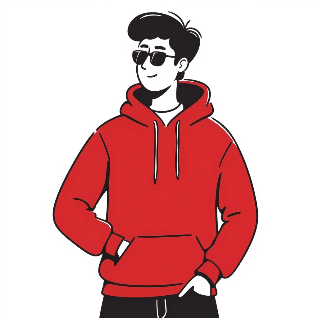 A guy in a red sweatshirt with sunglasses, with stylish black hair, stands in a cool pose emoji