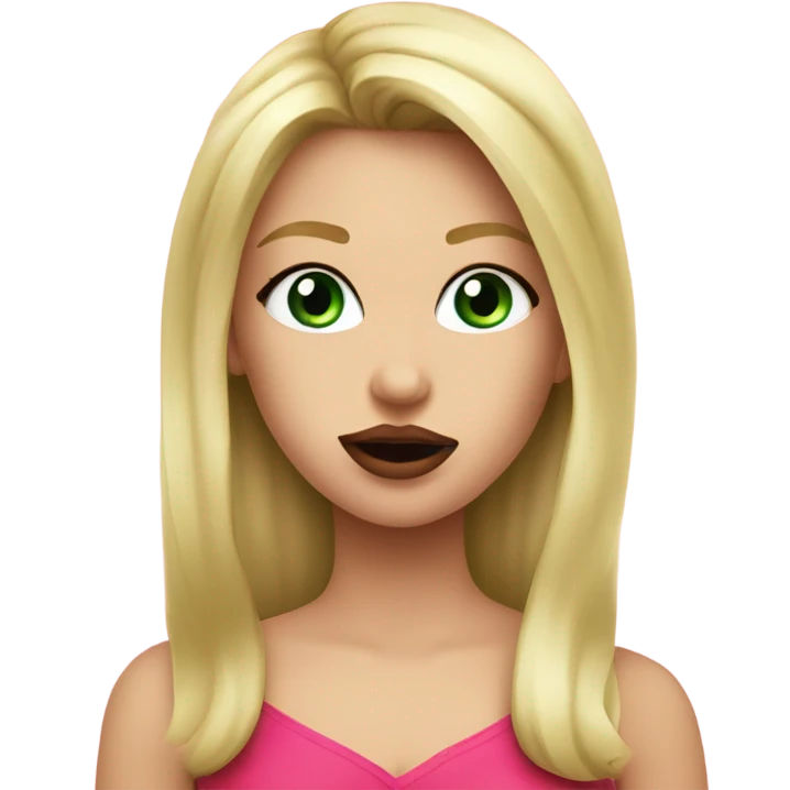 blonde girl and green eyes and pink pijame applies lipstick red apple emoji emoji