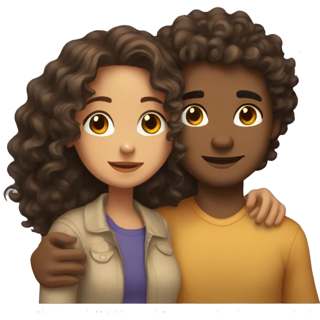 A girl with shoulder length curly hair and brown eyes hugging a dude with shoulder length curly hair that light skin and skinny emoji