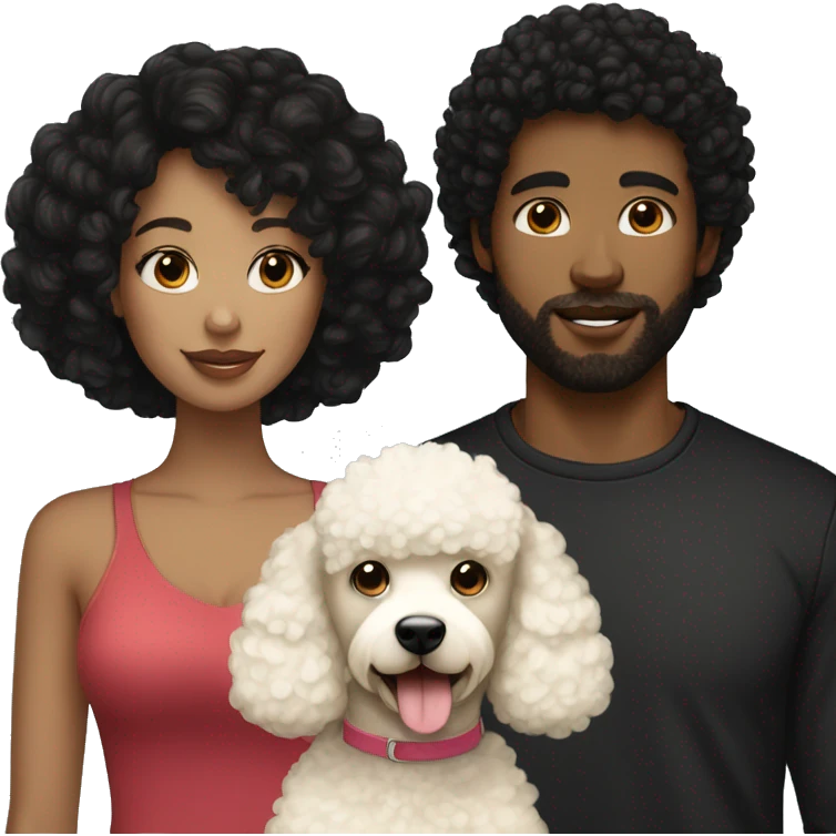 woman with black curly hair, her blonde hair boyfriend and her cream poodle  emoji