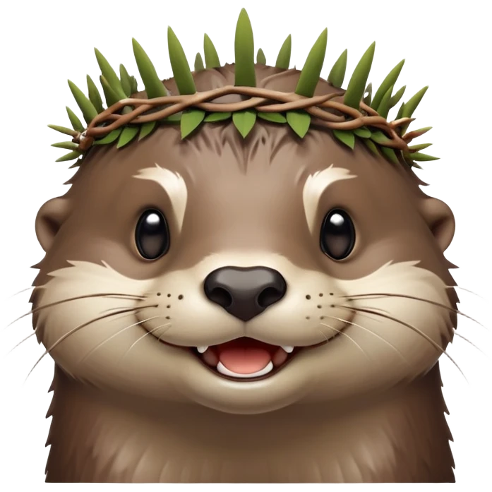 really cute smiling joyful otter face in three-quarter profile view with simple thorny stem wrapped horizontally around its forehead like Jesus Christ's Crown of thorns, no crown shape on top, just thin spiky branches circling the forehead emoji
