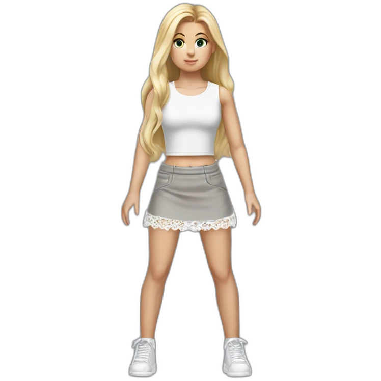 hyperrealistic caucasian female, long straight blonde hair, white lace up crop top, grey mini skirt, body view emoji