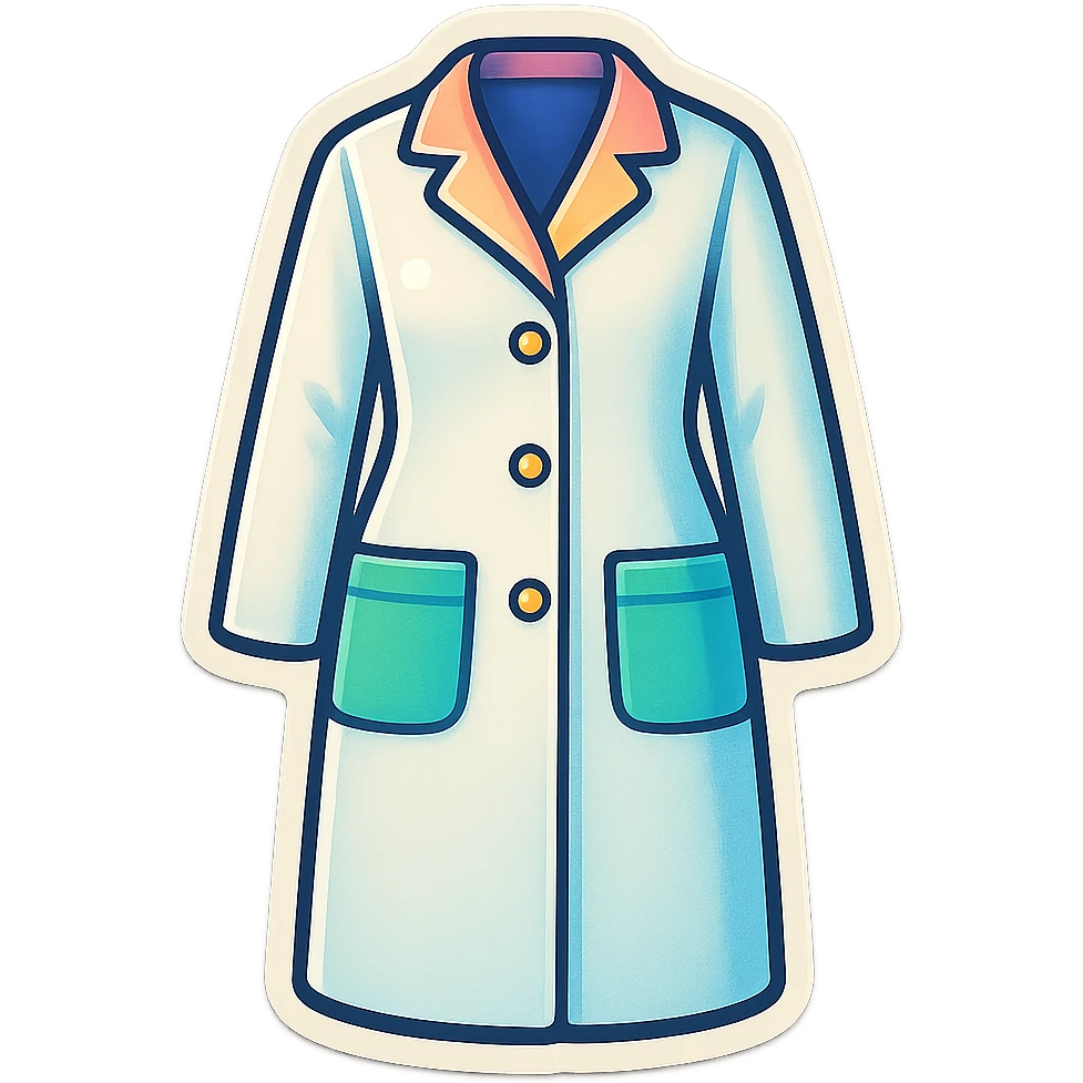 female medical coat full length, no girl, front view, retro stickers style, soft rounded shapes, clean contours, pastel palette, detailed shadows and highlights, modern illustration, transparent background emoji