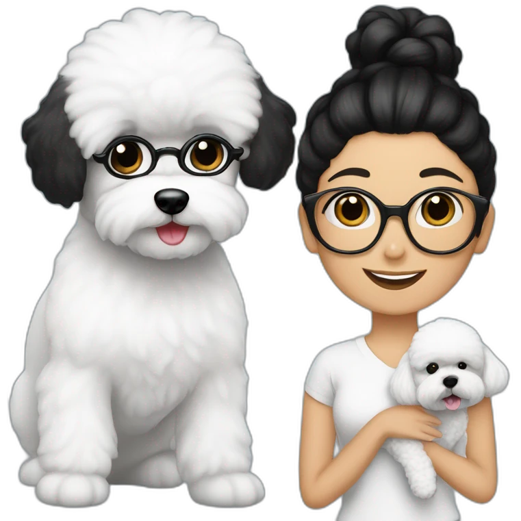 woman-black-hair-bun-with glasses-with bichon dog-white-smile-Christmas emoji
