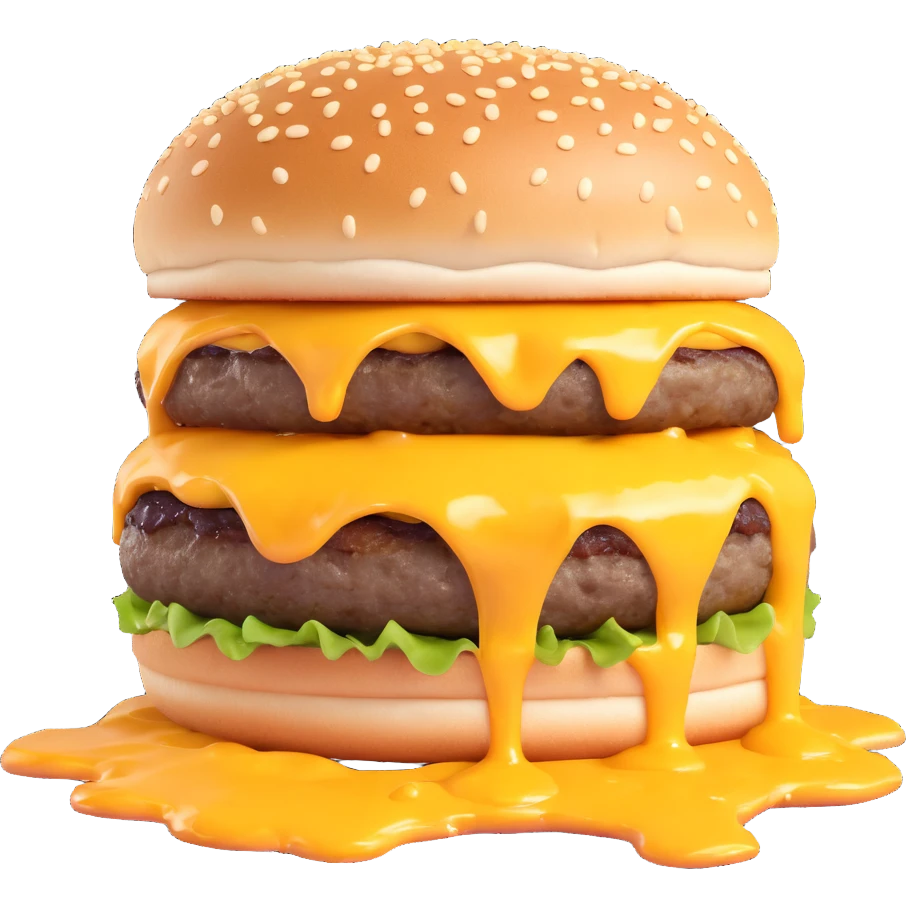 3D illustration of a burger with melted cheese dripping, sesame bun, realistic style emoji