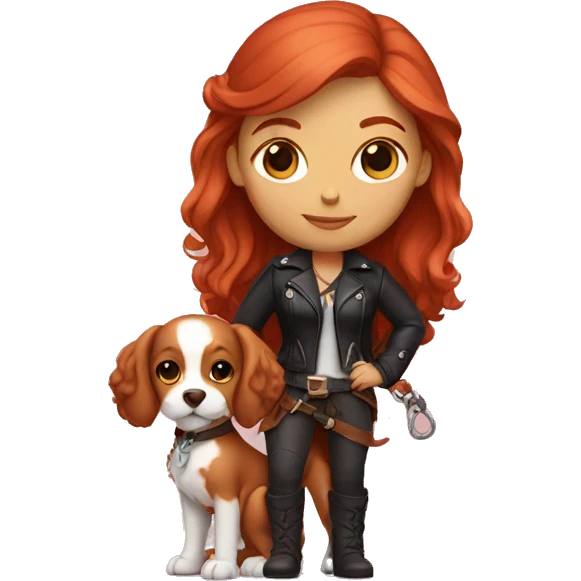 red-haired girl in leather holding a Cavalier puppy emoji