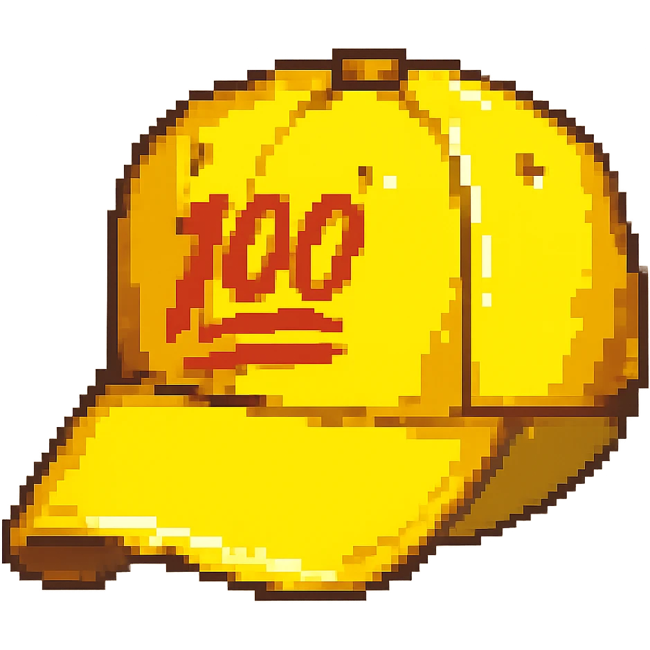 Embroider the red 100 emoji on the front of the yellow baseball cap in pixel art style, with no background. emoji
